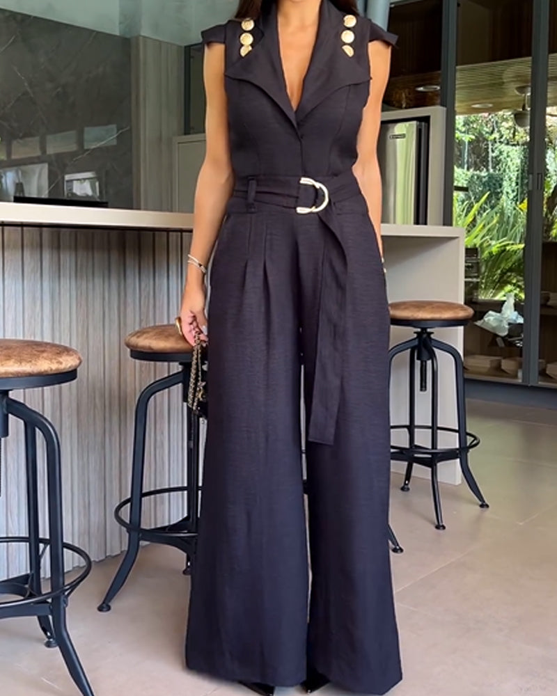 Metal button personalized solid color jumpsuit