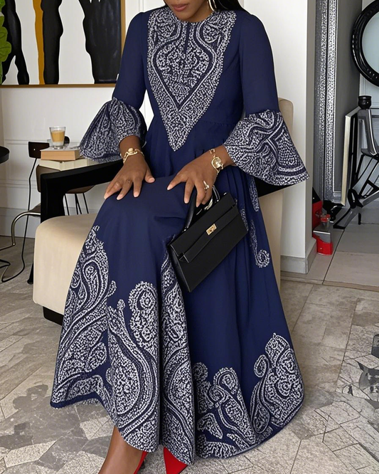 Women Fashion Elegant Formal Round Neck 3/4 Sleeves Pattern Maxi Dress
