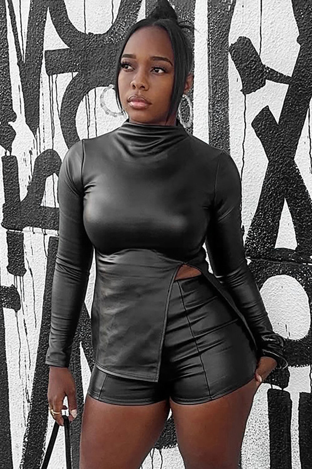 Faux Leather Stand Collar Long Sleeve Slit Top Shinny Shorts 2pcs Set-Black