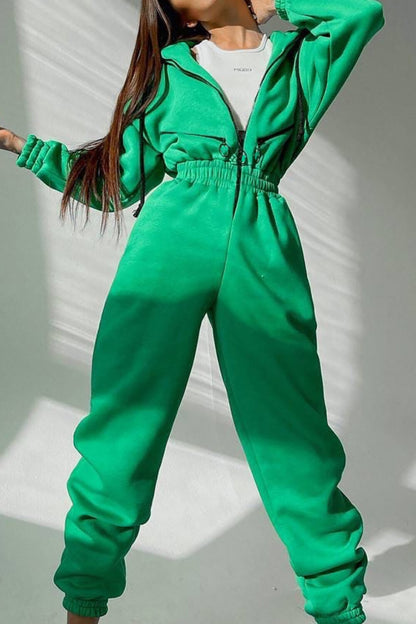 Zip-Up Cinch Waist Long Sleeve Hooded Solid Color Casual Jumpsuit-Green