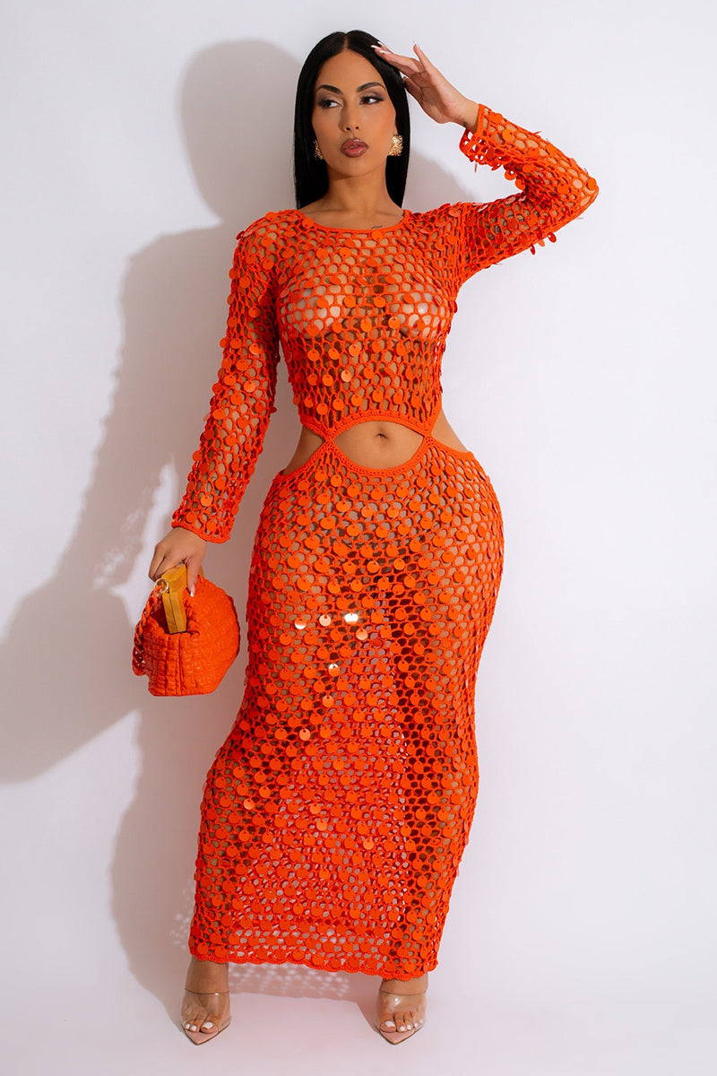 Crochet Sequins Cover Up Long Sleeve Cut Out Maxi Dresses