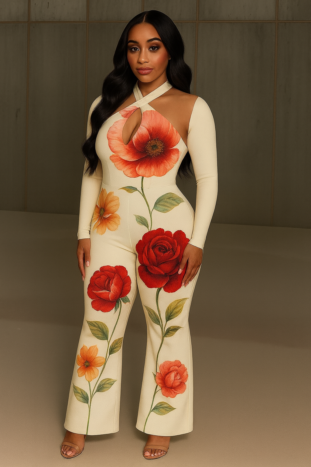 Stylish Temperament Long Sleeves Halterneck Printed Tight Jumpsuit