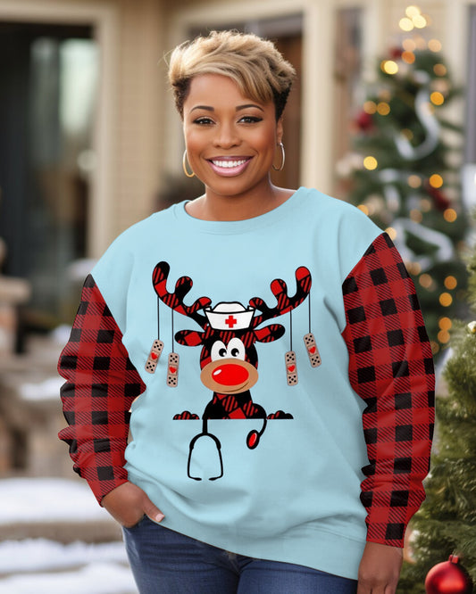 Daily Christmas Reindeer Plaid Stitching Print Long-sleeved Sweater