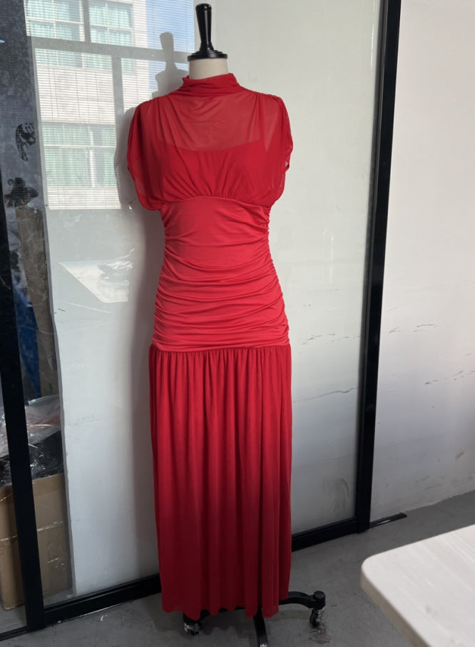 Half Turtleneck Mesh Stitching Long Dress