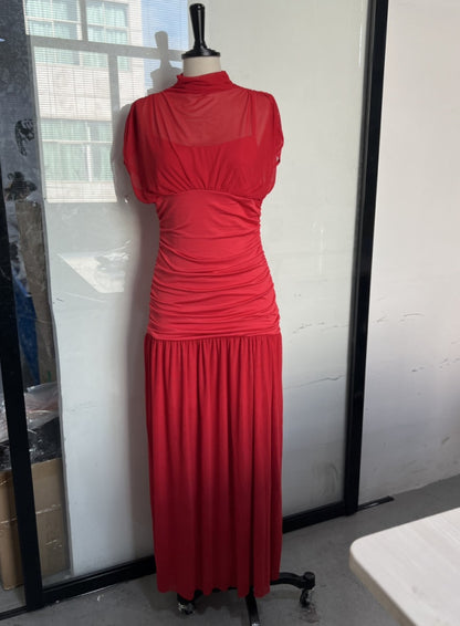 Half Turtleneck Mesh Stitching Long Dress