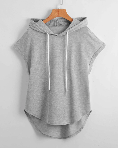 Pure Solid Color High Low Hem Drawstring Hooded Tee