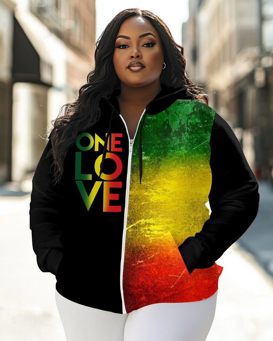 Reggae One Love Print Long Sleeve Zipper Hoodie