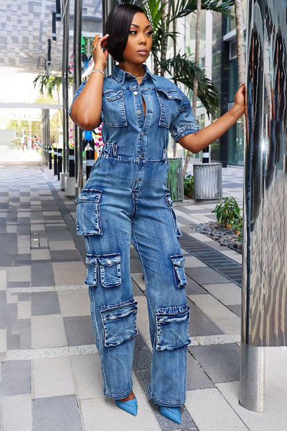 Multi Pocket Denim Button Up Short Sleeve Cargo Jumpsuit