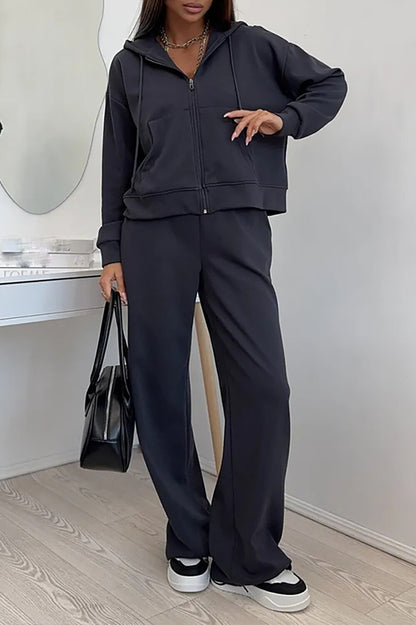 Zip-Up Hooded Track Jacket Solid Color Wide Leg Pants Matching Set-Pink