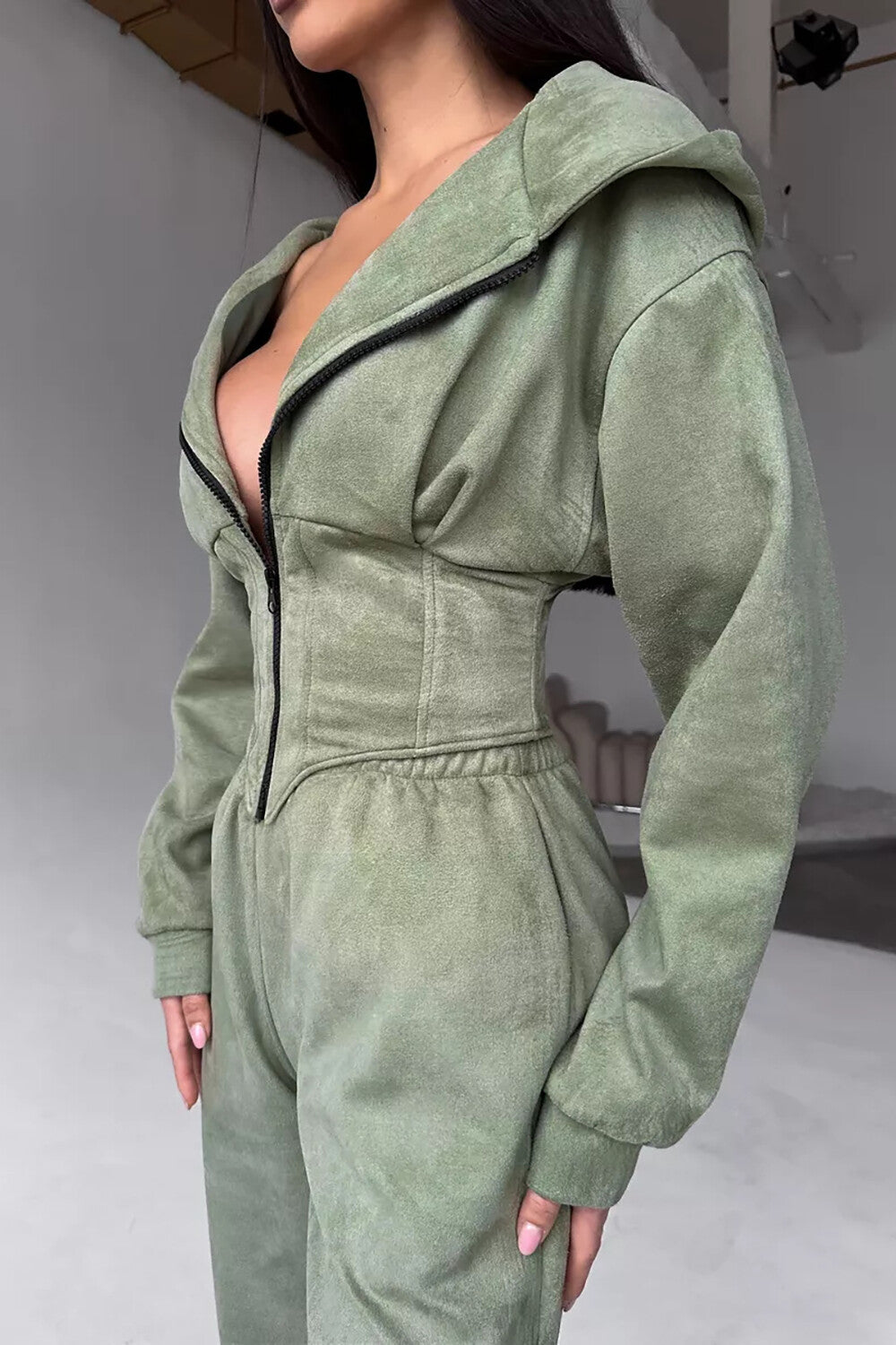 Zip-Up Cinch Waist Hooded Track Jacket Solid Color Pants 2pcs Set-White