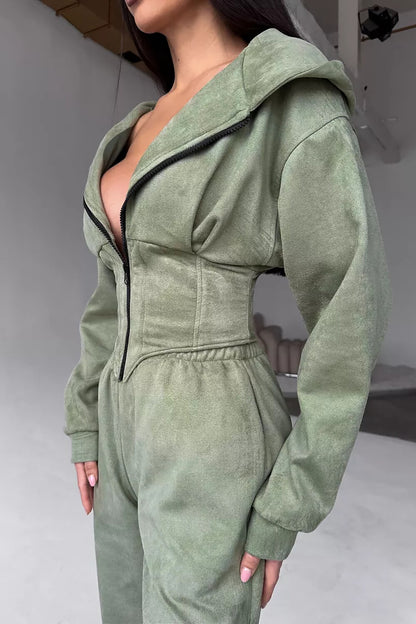 Zip-Up Cinch Waist Hooded Track Jacket Solid Color Pants 2pcs Set-White