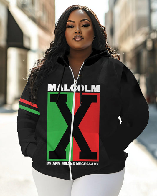 Malcolm X Empowerment Print Long Sleeve Zipper Hoodie