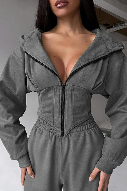 Zip-Up Cinch Waist Hooded Track Jacket Solid Color Pants 2pcs Set-White