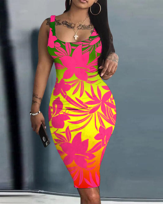 Reggae Flower Plant Bodycon Scoop Neck Mini Dress