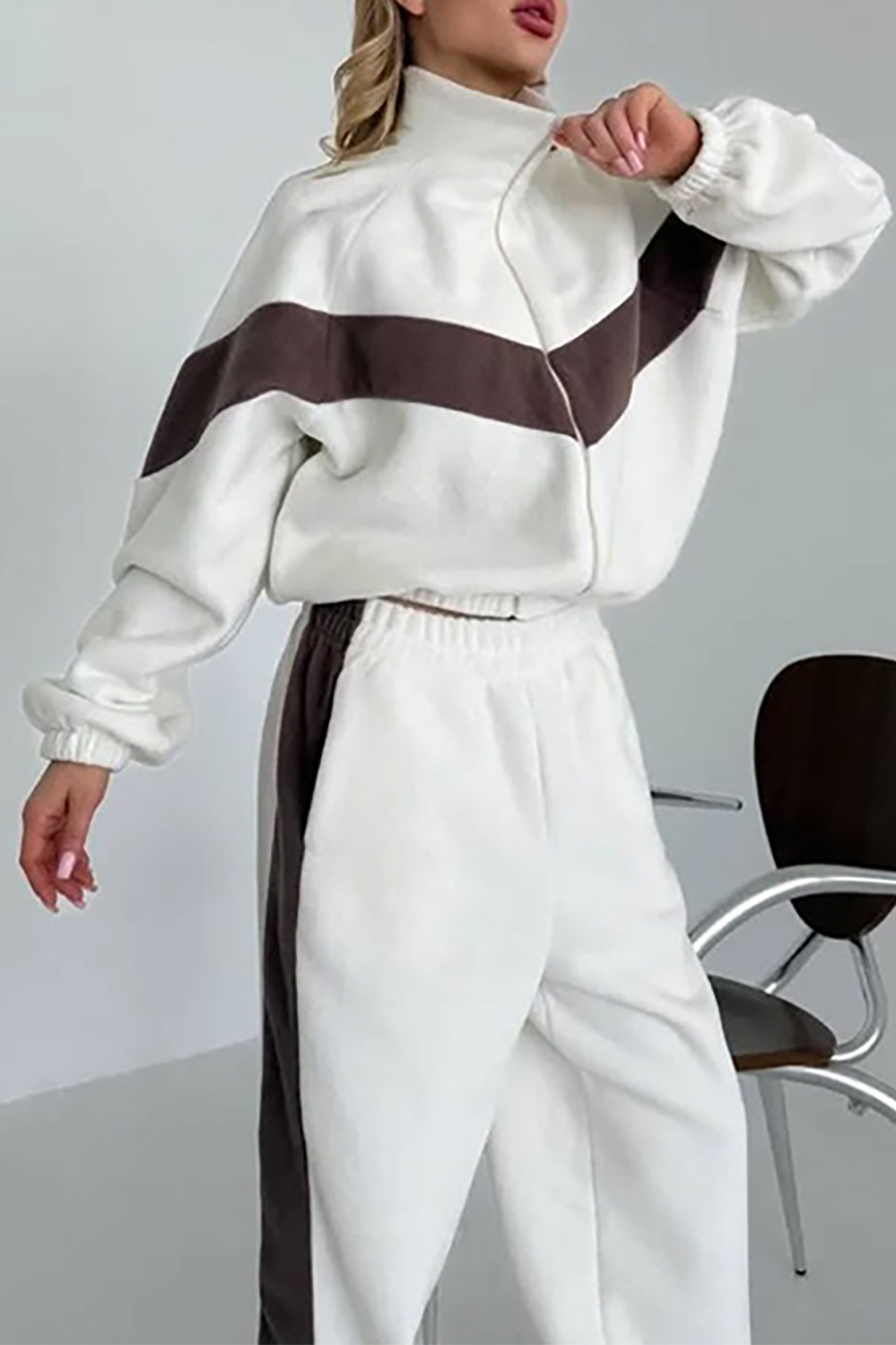 Colorblock Long Sleeve Track Jacket Casual Pants Matching Set-Brown