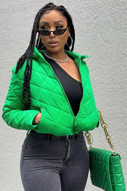 Plaid Solid Color Long Sleeve Hooded Padded Coat-Green