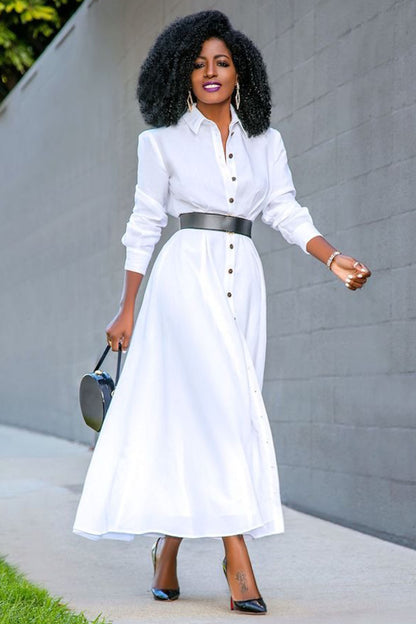 Long Sleeve Button Up Slit Daily Maxi Shirt Dresses-White [Pre Order]