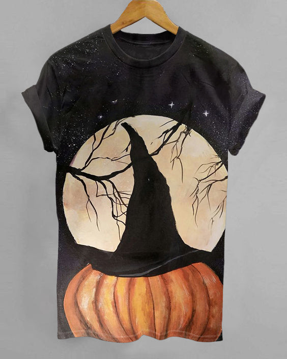 Halloween Witch Pumpkin Cartoon Print Crew Neck Short Sleeve Shirt