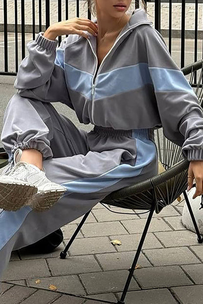 Colorblock Long Sleeve Track Jacket Casual Pants Matching Set-Brown