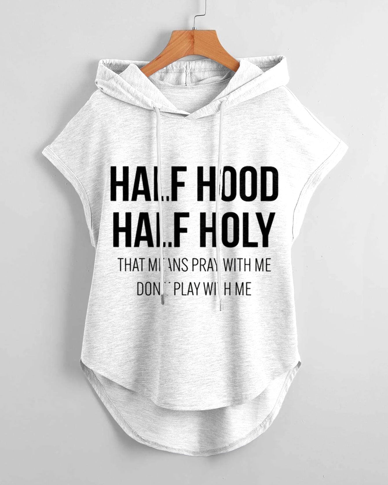 Half Hood Half Holy Hem Drawstring Hooded Tee