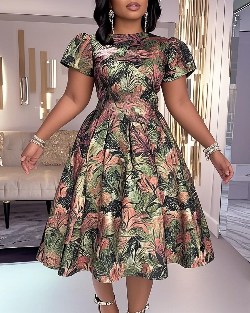 Women's Summer Elegant Round Neck Short Sleeve Pattern Midi Dress