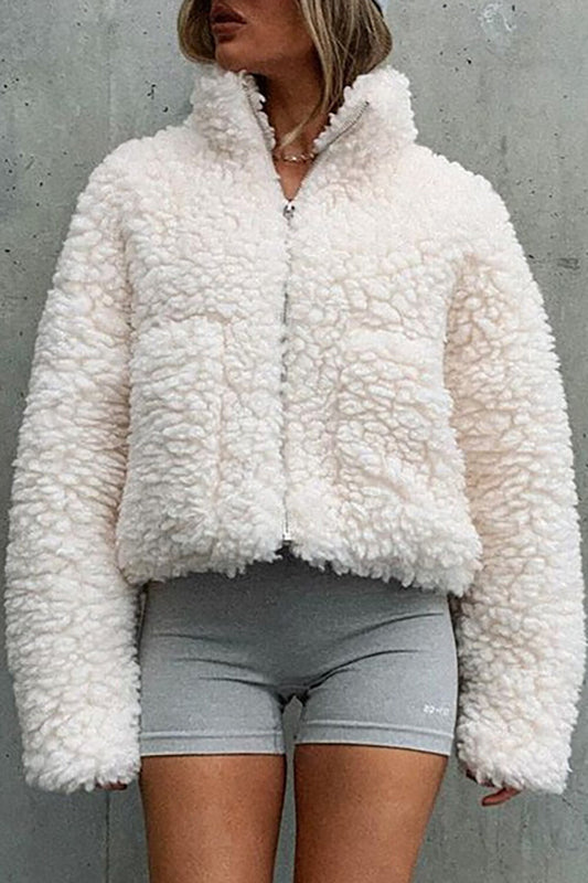Zip-Up High Neck Long Sleeve Solid Color Fuzzy Coat-OffWhite