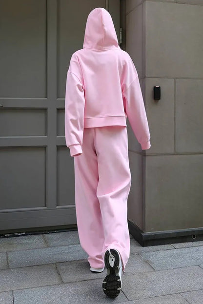 Zip-Up Hooded Track Jacket Solid Color Wide Leg Pants Matching Set-Pink