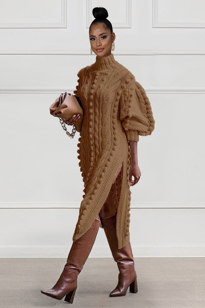 Knit Turtleneck Sweater Long Bell Sleeve Slit Midi Dresses