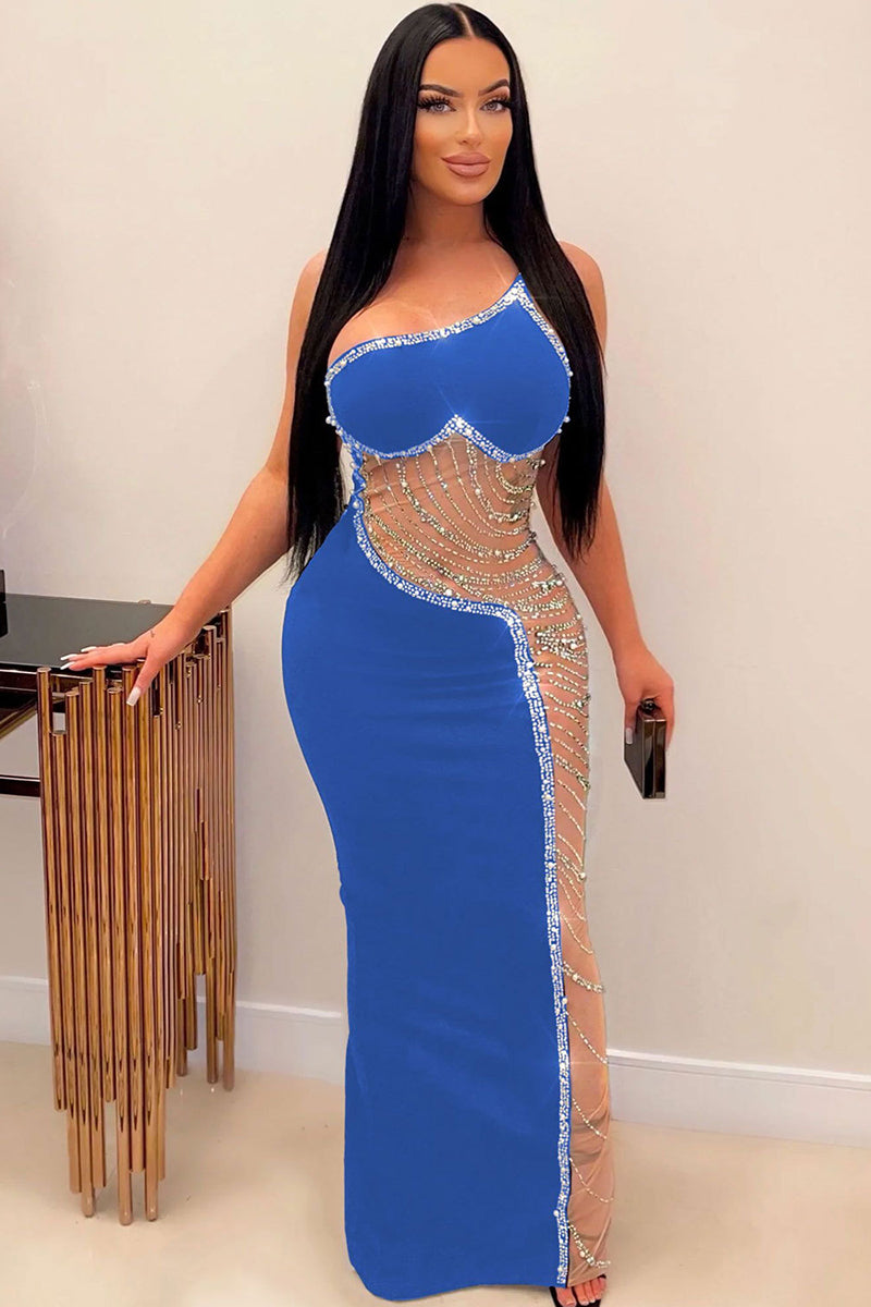 Pearls Rhinestone See-Through One Shoulder Mesh Cami Slit Party Maxi Dress