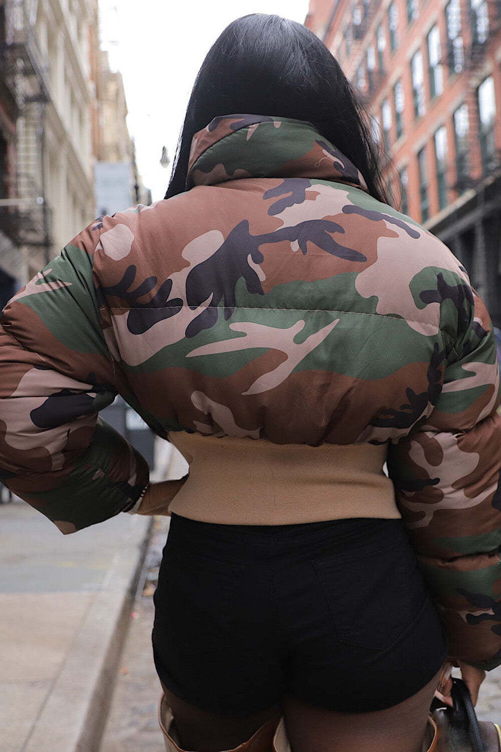 Camo Print Turndown Collar Long Sleeve Crop Down Coat-Brown