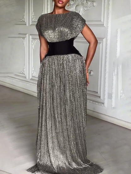 Elegant Shimmery Silver Maxi Dress With Contrast Waist