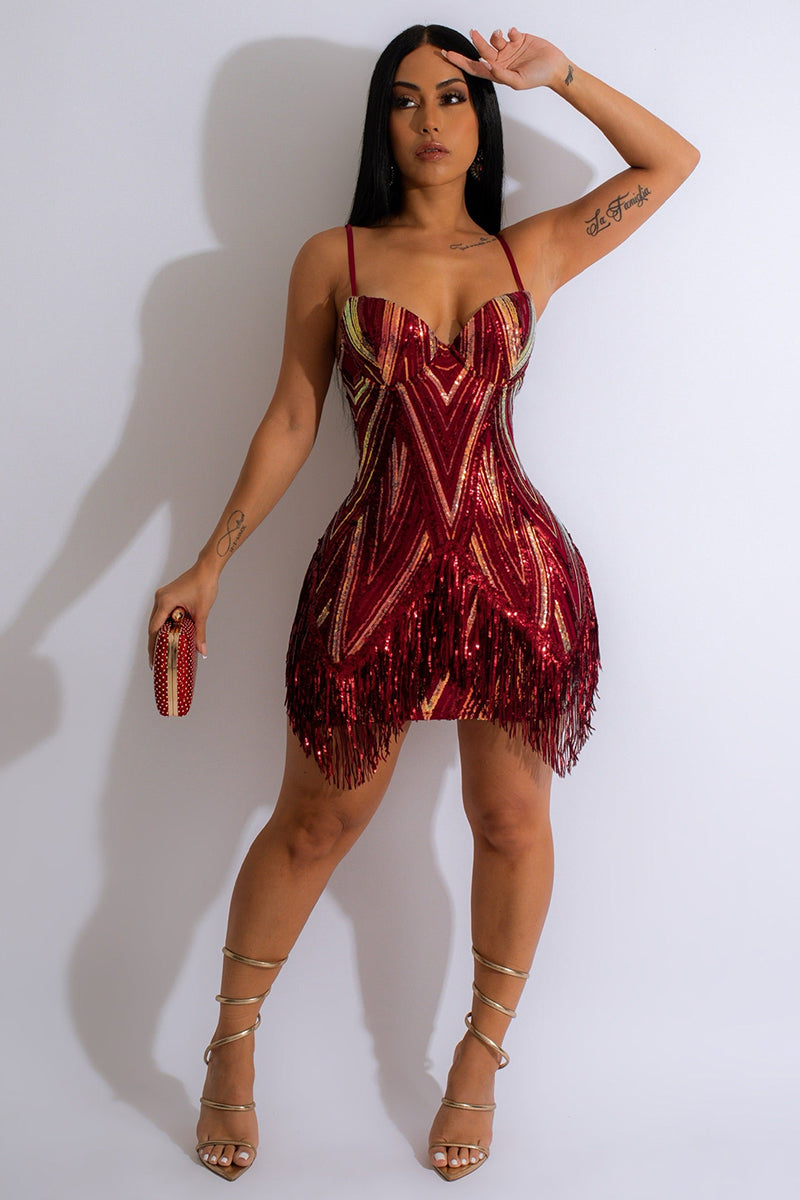 Sequin Pattern Irregular Fringed Hem Cocktail Party Slip Mini Dresses