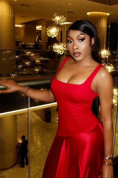 Square Neck Sleeveless Patchwork Formal Party Maxi Dresses-Red [Pre Order]