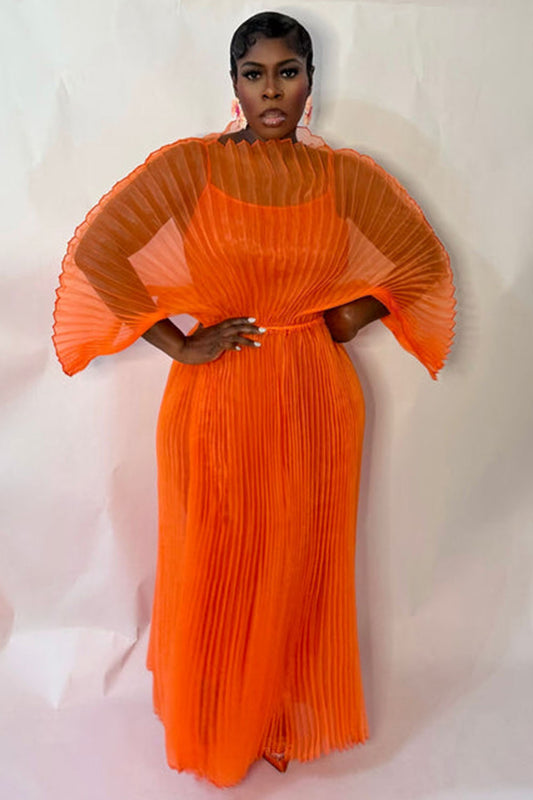 Pleated Mesh Layered Bat-Wing Sleeve Cami Maxi Dresses-Orange [Pre Order]
