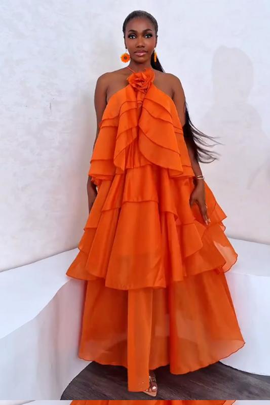 Rosette Back Cross Cami Layered Hem Party Maxi Dresses-Orange [In Stock]