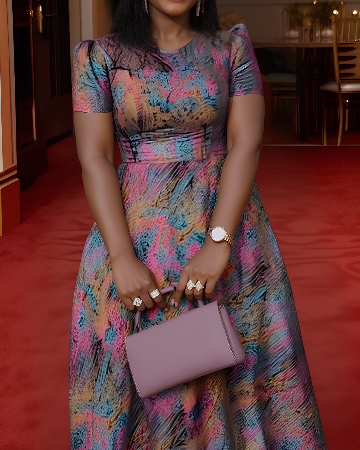 Women's Summer Elegant Gorgeous Printed Lace Round Neck Short Sleeve A-Line Maxi Dress