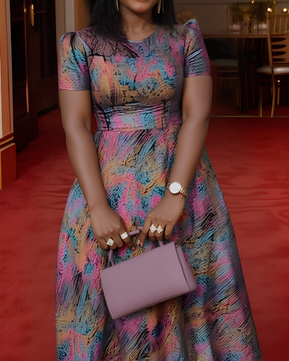 Women's Summer Elegant Gorgeous Printed Lace Round Neck Short Sleeve A-Line Maxi Dress