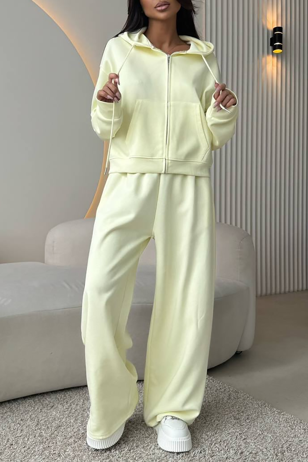 Zip-Up Hooded Track Jacket Solid Color Wide Leg Pants Matching Set-Pink