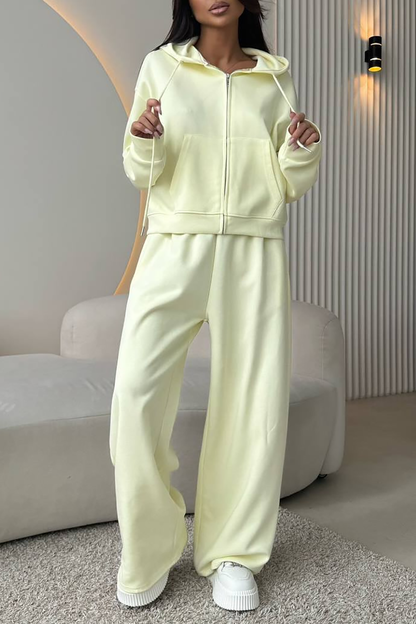 Zip-Up Hooded Track Jacket Solid Color Wide Leg Pants Matching Set-Pink