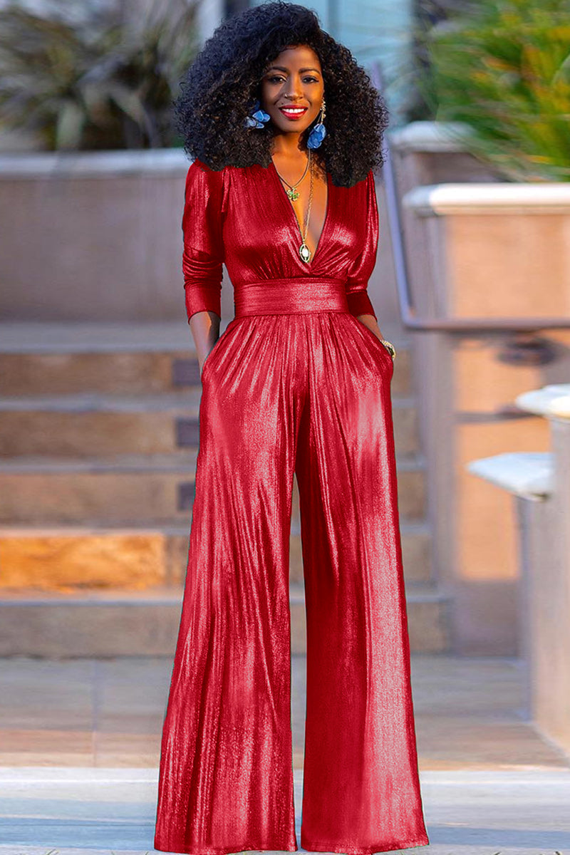 Party Reflective Half Sleeve V Neck Wide Leg Jumpsuit