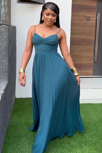 Wrinkle Low Back Cinch Waist Solid Party Slip Maxi Dresses-Teal [Pre Order]