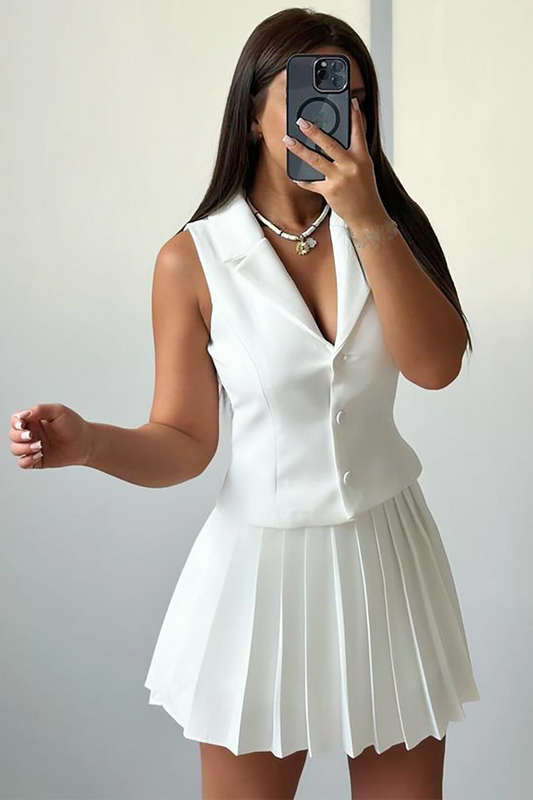 V Neck Button Up Vest Solid Color Pleated Mini Skirt 2pcs Set-White