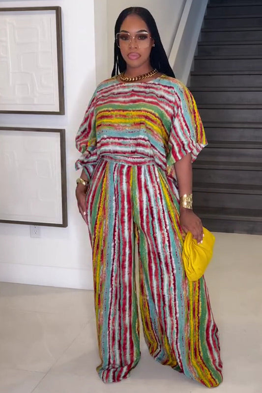 Stripe Print Puff Sleeve Top Wide Leg Pants 2pcs Set-Multicolor [Pre Order]
