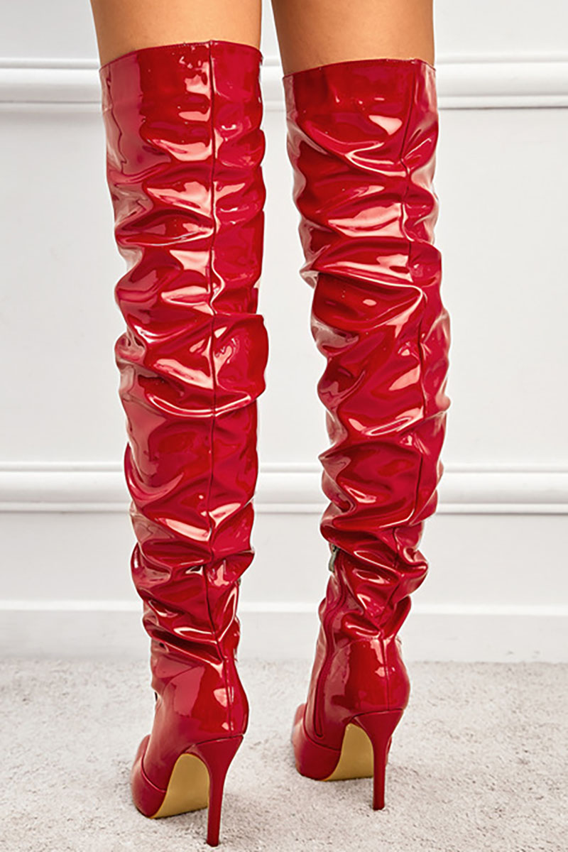 PU Leather Pointy Toe Ruched Thigh-High Boots-Black