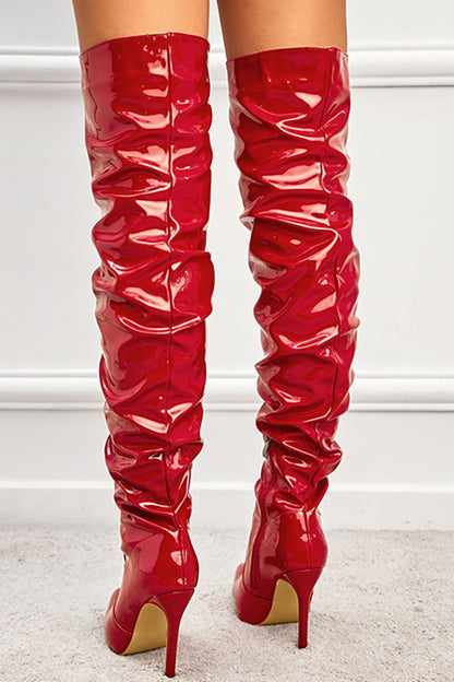 PU Leather Pointy Toe Ruched Thigh-High Boots-Black