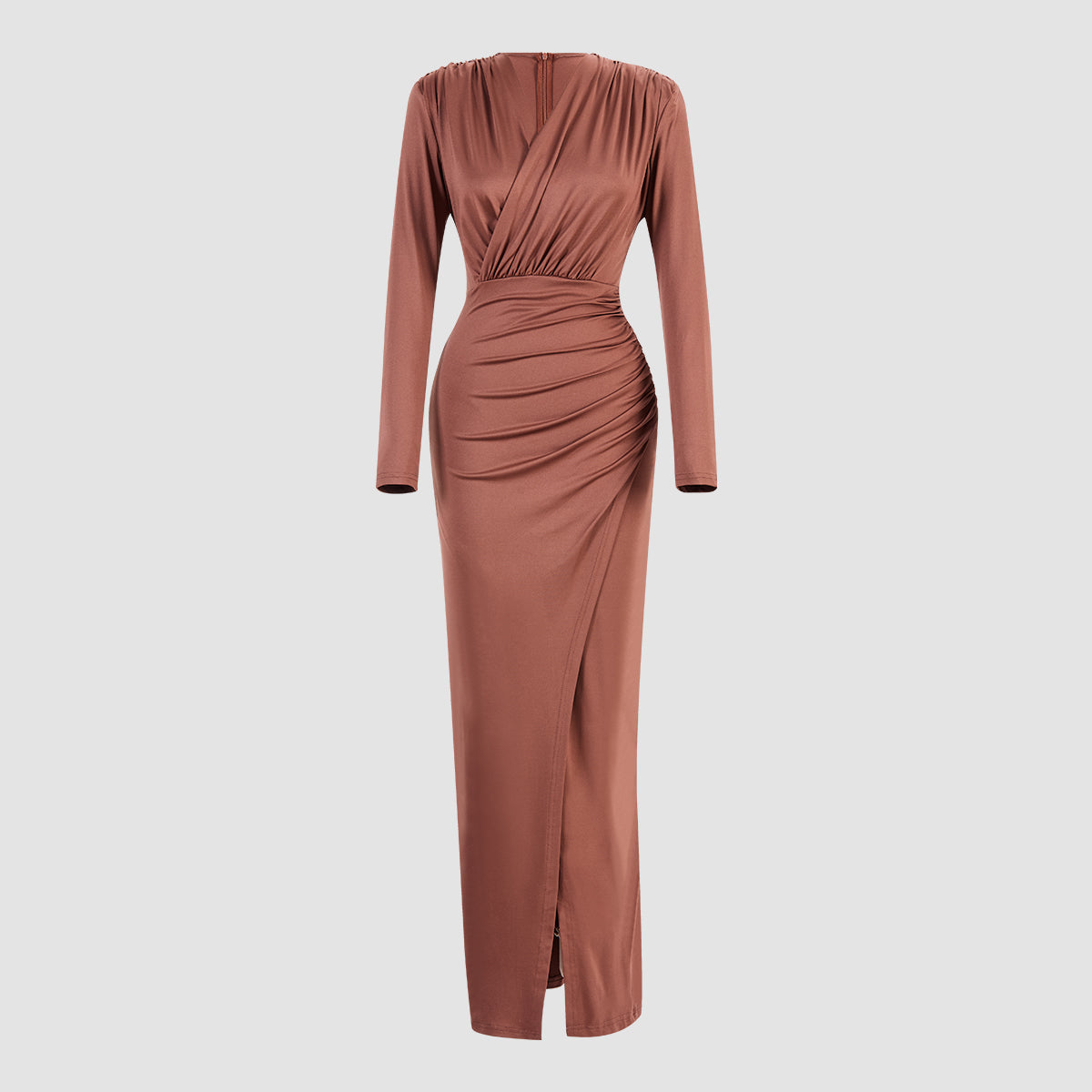 Brown V-neck Long-sleeved Pleated Dress