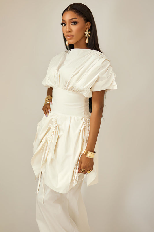 Boat Neck Ruched Cinch Waist Two-Piece Like Maxi Dresses-White [Pre Order]