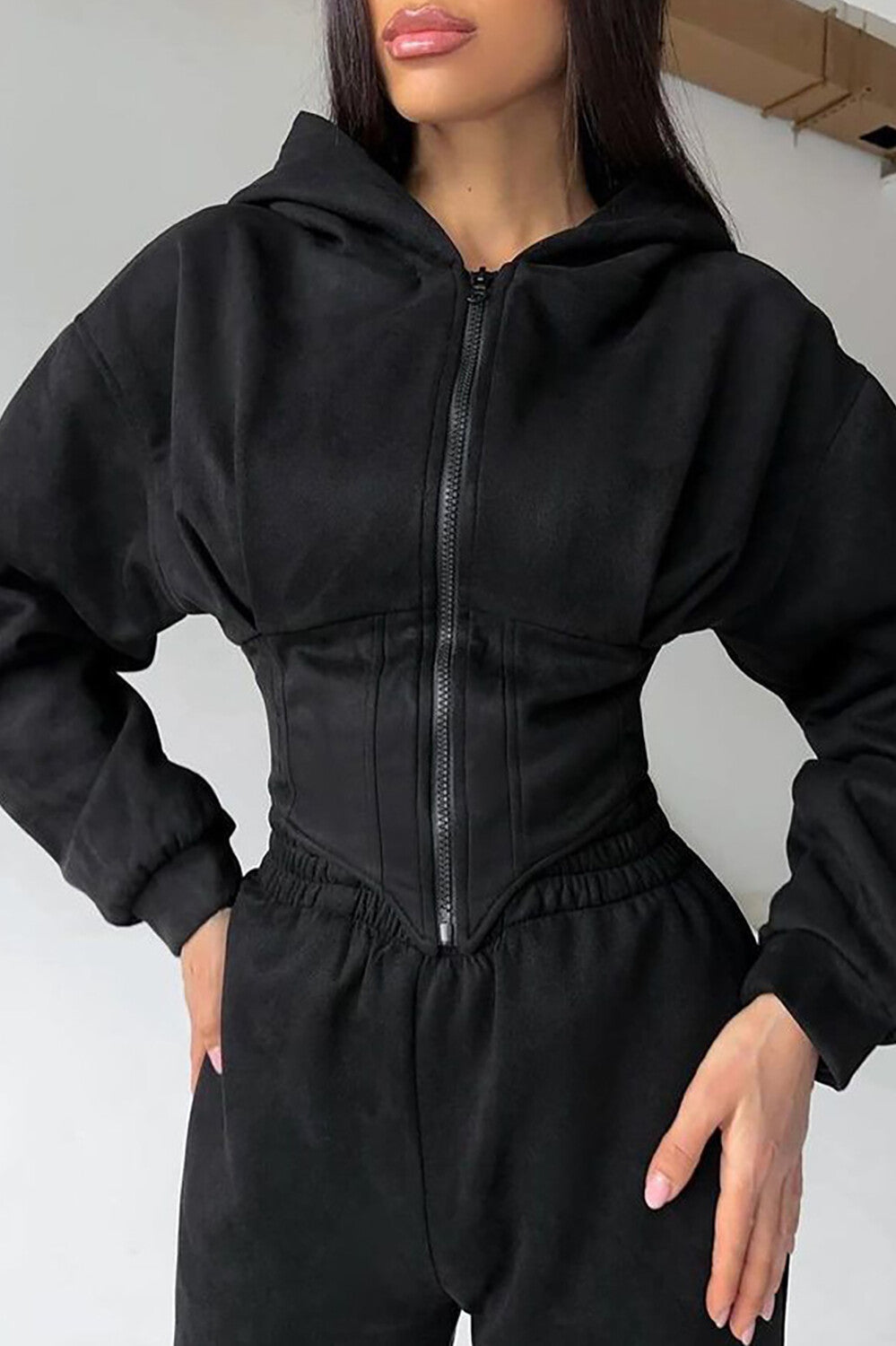 Zip-Up Cinch Waist Hooded Track Jacket Solid Color Pants 2pcs Set-White