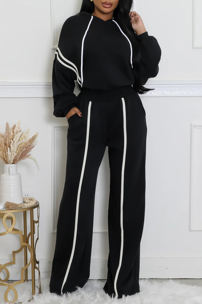 Colorblock Trim Long Sleeve Hoodie Straight Leg Pants Casual 2pcs Set-Black