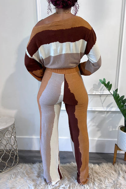 Knit Multicolored Off Shoulder Lantern Sleeve Crop Top Pants Matching Set-Brown